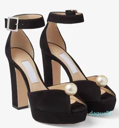 Sandali da donna Scarpe Perle Tacchi alti Strappy Tacco quadrato Patent Peep Toe Sandali da donna in pelle EU35-43