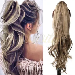 Hästsvansar Saisity Lång syntetiska 32 tum ombre skiktad hästsvans Tillgänglig blandad färg Curly Flexible Pononyil Wrap Around Hairpieces 230407