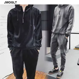 Herrjackor Autumn Winter Soft Warm Men Velor Tracksuit Korean Fashion Gold Velvet Track Suit Hoody Hoodies and Jogger Pants 2pieces outfit 2271p