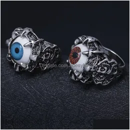 Anelli a fascia all'ingrosso Uni Punk Retro Dragon Claw Red Evil Eye Skl Anello da motociclista in acciaio inossidabile Anello con consegna a goccia Dhgy1