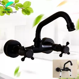 Bathroom Sink Faucets SHBSHAIMY ORB Black Basin Faucet 360 Swivel Spout Wall Mounted Dual Handles Holes And Cold Water Mixer Tap