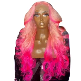 Ombre rosa brasiliansk 13x4 spets främre mänskliga hår peruk förplukt löst våg lyslösa markerade färgade 13x6 frontal peruker för kvinnor