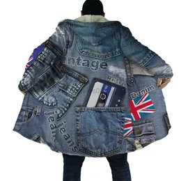 Herrenjacken HX Winter Cape Fake Vintage Denim UK Flag Pocket 3D-gedruckter Kapuzenumhang für Männer Winddichte Fleece-Hoodie-Decke Herrenmäntelzln231108