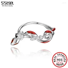 Anéis de cluster S'steel 925 Sterling Silver Rose Red Snake Zircon Esmalte Redimensionável para Mulheres Estética Ringen Acessórios Vintage Jóias