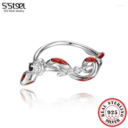 Pierścienie klastra S'Stel 925 Sterling Srebrny Rose Rose Red Wąż Enamel Zmysłowy dla kobiet estetyczny pierścień