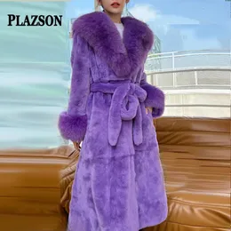 Kvinnors päls faux päls plazson real pos plus size s-5xl lyx kvinnor faux päls med bälte vinter lapel tjock varm flur imitation päls överrock 231109