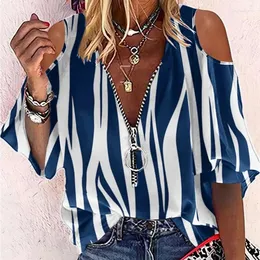 Kvinnors blusar sexiga sommar kvinnors kort ärm blixtlås V-ringade tryckta toppar blusa elegantes mujer casual stripes blus mode camisetas