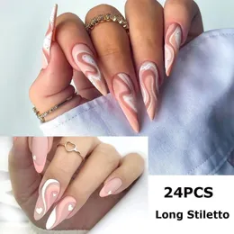 False Nails 24pcs Manicure Marble And Love Heart Press On Fake Nials DIY Super Long French Stiletto