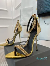 Summer Sandals Shoes Lady High-Heeled Gladiator Gold Chain Link Padlock Pointy Nake Party Wedding 35-42