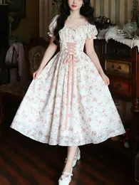 Sukienki swobodne Summer Korean Fashion Hase Fairy Sukienka Square Damna dekolt Księżniczka Kawaii Flower Print Dress Damska pasek na ramię słodka sukienka 230408