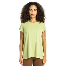 Mulheres roupas tops tees camiseta feminina redonda colisão dividida esbelta exercício fitness yoga ao ar livre camurça de camurça de tênis de mangas curtas