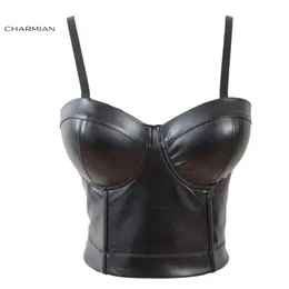 Charmian Women's Sexy Faux Leather Strap Bustier Racer Bustiers Top Leather Corsets and Bustier Gothic Pu Crop Bra Top Y19071235p