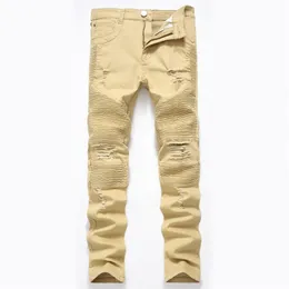 Khaki Biker Jeans Plissee Design Herren Skinny Slim Stretch Denim Hose Hip-Hop Street Destroyed Ripped Jean 28-42318F