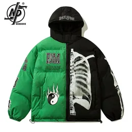 Men's Down Parkas Men Fashion High Quality Thick Hooded Parka Jacket Original Yin Yang Skeleton Print Patchwork High Quality Unisex Padded Coats 231108