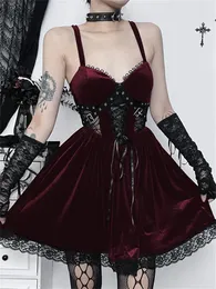 Robes décontractées 2023 bretelles spaghetti sexy gothique robe de soirée en velours cosplay Halloween bandage une ligne évasée Y2K années 90 rouge foncé noir