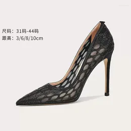 Dress Shoes Spring And Summer Black Gauze Rhinestone Pointed Sexy Sandals Thin High-heeled Party Large Small Women's Single