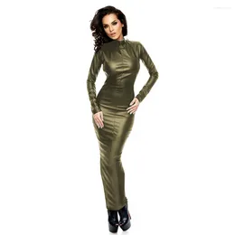 Casual Dresses Womens PU Leather Long Hobble Dress Elegant Ladies Mock Neck Party Club Pencil Sexy Sleelve Skinny Ankle Length