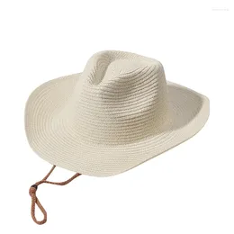 Berets Homens Mulheres Cowboy Sol Chapéu De Palha Verão Aba Larga Proteção UV Com Cordão Ajustável