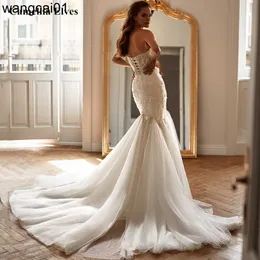 Abiti da festa Sirena Abiti da sposa per le donne Applicazioni di pizzo Corsetto Indietro Abiti da sposa Corte dei treni Abiti da sposa Cinghie sexy Robe De Marie 0408H23