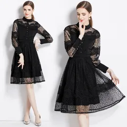 Woman Wed Party Black Midi Dress French Designer Long Sleeve Lace Crochet Flower Stand Collar Slim High Waist Ruched Dresses 2023 Spring Fall Runway Vacation Frocks