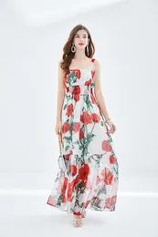 2023 Casual Dresses Summer Runway Sexig strand Backless Dress Women's Spaghetti Strap Red Flower Print midja Elastisk Camisole Party Vestidos