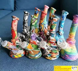 DHL Cartoon Printing Silicone Bong Beaker Basvattenledningar Mini Unbreakable Oil Rig Water Bong With Silicone Downstem Glass Bowl