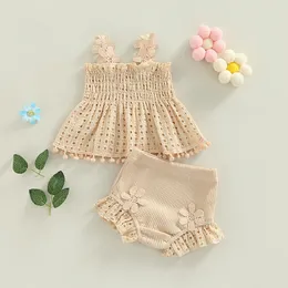 Clothing Sets Summer Preschool Girls' Set Solid Cut Pleated Hollow Tank TopElastic Pleated Shorts 2PCS Clothing Set 230407