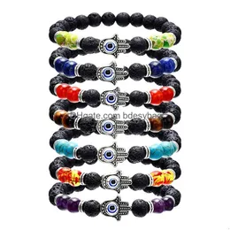 Beaded Beaded Hamsa Hand Of Fatim Charm Lava Rock Beads Bracelets For Women Men Evil Blue Eye Essential Oil Diffuser 7 Chakra Stone Di Dh1Cm