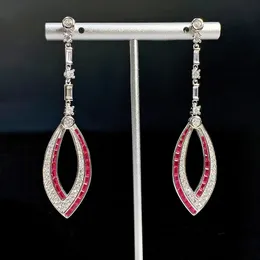 Vintage Eye Ruby Diamond Dangle Earring 100% Real 925 Sterling Srebrne Kolczyki ślubne dla kobiet Prezent biżuterii zaręczynowej