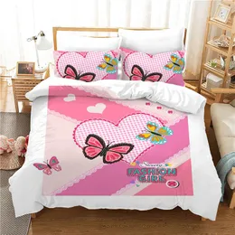 Bedding Sets Princess Duvet Capa em tamanho real impressão reativa moda garota linda desenho de borboleta linhas de cama de cama rosa