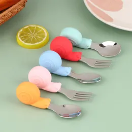 Servis uppsättningar 1 st söt tecknad hippo snigel silikon baby sked och gaffel rostfritt stål redskap spädbarn matning bordsartiklar
