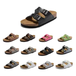 Designer Slides Women Flat Sandals Summer Cork Men Slippers Nubuck Leather Buckle Strap Beach Shoes Size 35-46