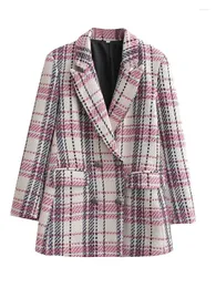 بدلات نسائية ZXQJ Women 2023 Fashion Tweed Double Breadted Blazer Coat Vintage Long Sleeve Gobicets Female Ofterear Veste