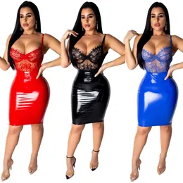 Kobiety koronkowe faux skórzane sukienki klubowe dziewczęta seksowne regulowane paski spaghetti v szyja zamek błyskawiczny mini imprezowy sukienka bodycon niebieska czerwono B244V