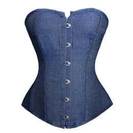 Women Blue Denim Jeans Overbust Corset Plus Size S-6XL Classic Lace-Up Boned Bostier Lingerie Night Out Clubwear Cosplay O301D