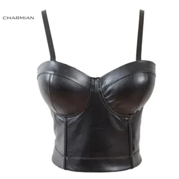 Charmian Women's Sexy Faux Leather Strap Bustier Racer Bustiers Top Leather Corsets and Bustier Gothic Pu Crop Bra Top Y19071246E