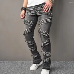 Jeans masculinos homens elegante vintage rasgado emendado calças finas hip hop masculino sólido casual jogging calças jeans