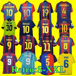 Retro Barcelona Soccer Jerseys 92 95 96 97 98 99 100th Classic Maillot de Foot Rivaldo Ronaldo Guardiola Ronaldinho 05 06 08 09 10 11 14 15 17 Xavi Messis Football Shirt