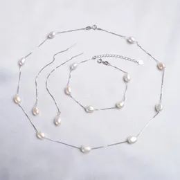 Bröllopsmycken set Ashiqi 925 Sterling Silver Real Natural Freshwater Pearl Smycken Set Necklace Armband örhängen för kvinnor Fashion Ankomster 231108