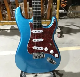 Guitarra elétrica ST, corpo em mogno, cor azul metálica, escudo de tartaruga vermelha, guitarra de 6 cordas