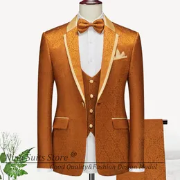 Mäns kostymer Gwenhwyfar Single Blested Män blandat sjal Notch Lapel Tuxedos för formella parti Prom Burnt Orange Jacqaued Costume Homme