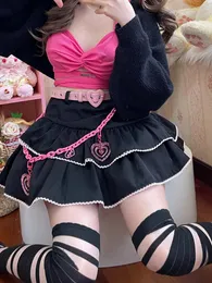 Röcke KIMOKOKM Preppy Style Niedlicher Ballkleidrock Kawaii A-Linie Lolita Sweety Pink Belt Chain Rüschen Sweetheart Girl Mini