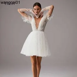 パーティードレスYeeh Pastrol Mini Wedding Dress for Women Country Lace Puff Seeds Vestido de Novia Beach v-NeckSorobeSSODOT TUL 0408H23