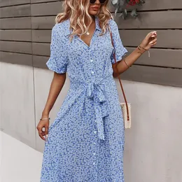 Casual Dresses Msfilia Spring/Summer Women's Bandage Dress Medium Long Sleeve Button Flower Print Holiday Style Fashion Women's Dress 230408