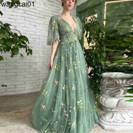 Vestidos de festa Sevintage Green Broidery Lace Prom Dresses Puff Seves A-Line Long Wedding Party Dress Open Back Tul Dast Dress 2022 0408H23