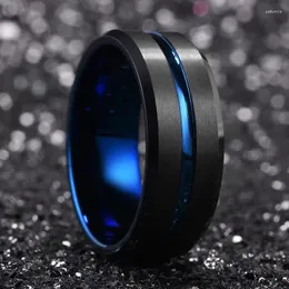 Cluster Rings Fashion Men's Black Stainless Steel Ring Blue Groove Bevel Wedding Engagement Anniversary Jewelry