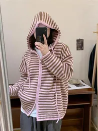 Women's Knits Contrast Color Striped Fashion Casual Hooded Cardigans Autumn Sweet Sweaters Y2k Aesthetic All Match Women Dual Zippers Tops