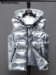 Coletes femininas inverno com capuz brilhante sem mangas parkas mulheres casuais à prova d 'água para baixo algodão leve coletes jacekts coreano quente 4xl wasitcoats 231109