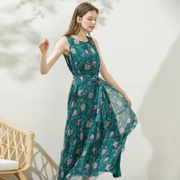 Casual Dresses MiccBeirn 2023 Summer 100 Silk Crinkle Long Dress for Women Print Floral Pullover Sleeveless Beach Zhl83906