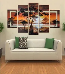 Handmålad olja Trädet African Sunrise Landscape Oil Målning på dukväggskonst 5 -stycken Set FZ00198502924449831